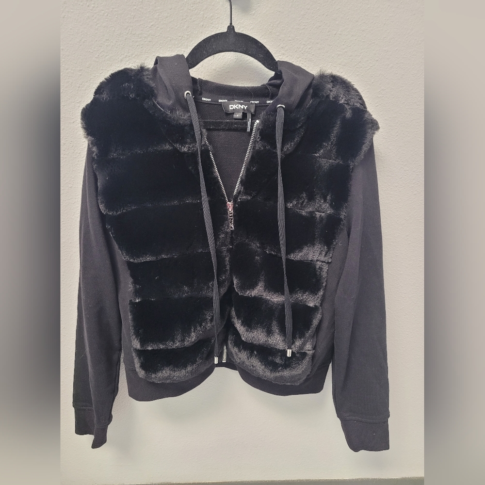 DKNY Faux Fur‎ Hooded Black Zip Up Jacket Size Small